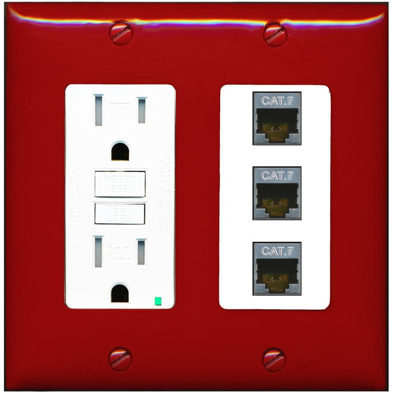 RiteAV 3 Port Cat7 Shielded Ethernet Wall Plate - GFCI Outlet [Red/White]