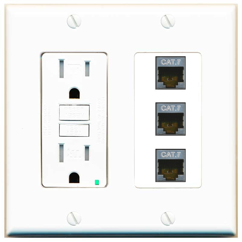 RiteAV 3 Port Cat7 Shielded Ethernet Wall Plate - GFCI Outlet [White]