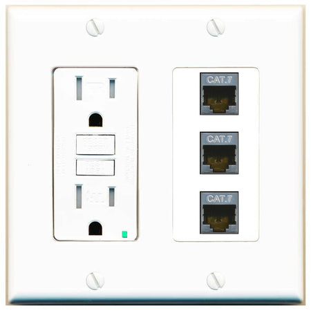 RiteAV 3 Port Cat7 Shielded Ethernet Wall Plate - GFCI Outlet [White]