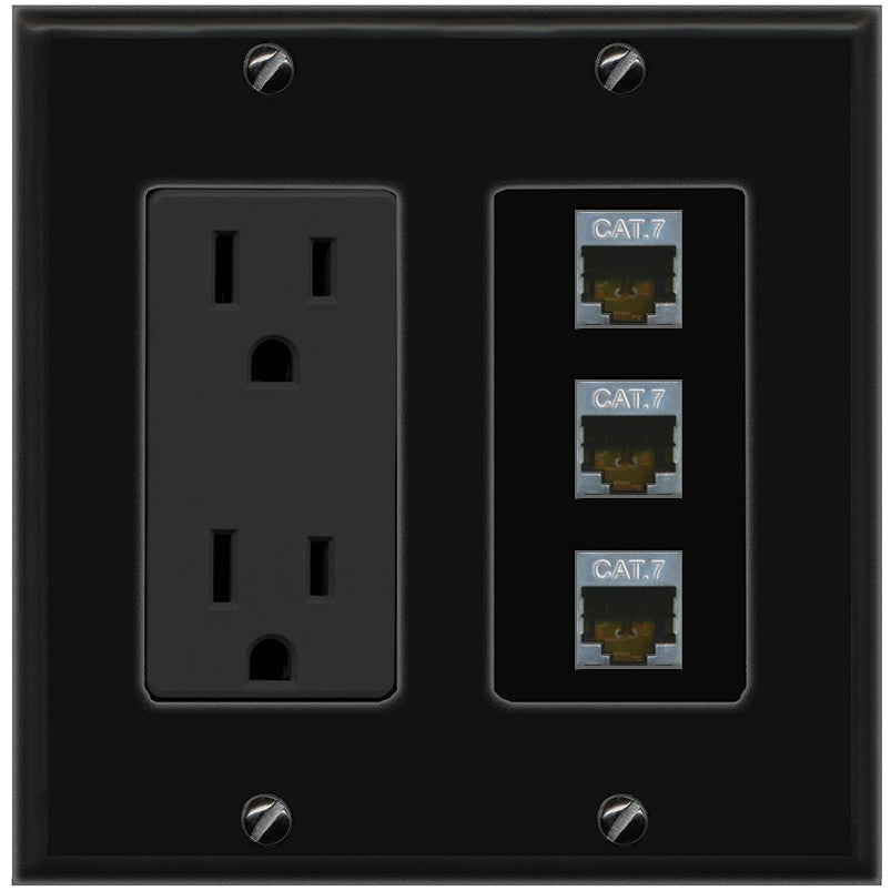 RiteAV 3 Port Cat7 Shielded Ethernet Wall Plate - Outlet [Black/Black]