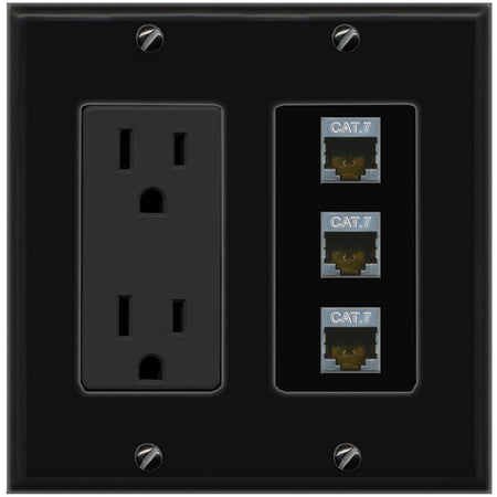 RiteAV 3 Port Cat7 Shielded Ethernet Wall Plate - Outlet [Black/Black]