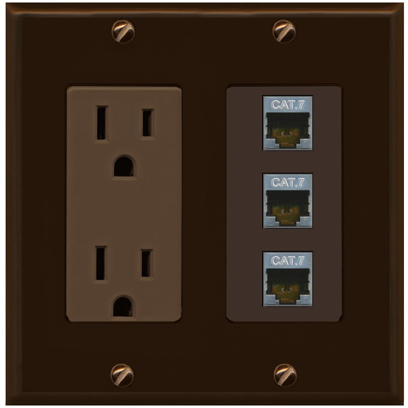 RiteAV 3 Port Cat7 Shielded Ethernet Wall Plate - Outlet [Brown/Brown]