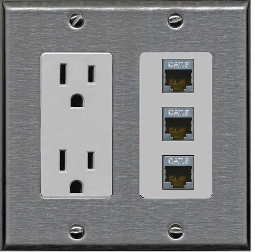 RiteAV 3 Port Cat7 Shielded Ethernet Wall Plate - Outlet [Stainless/Gray]