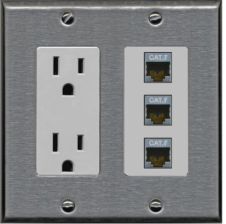 RiteAV 3 Port Cat7 Shielded Ethernet Wall Plate - Outlet [Stainless/Gray]