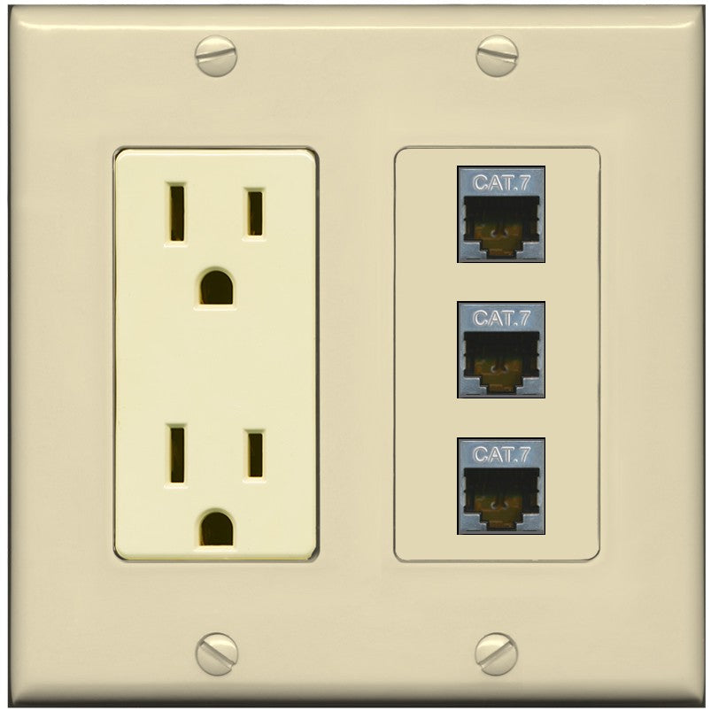 RiteAV 3 Port Cat7 Shielded Ethernet Wall Plate - Outlet [Ivory/Ivory]