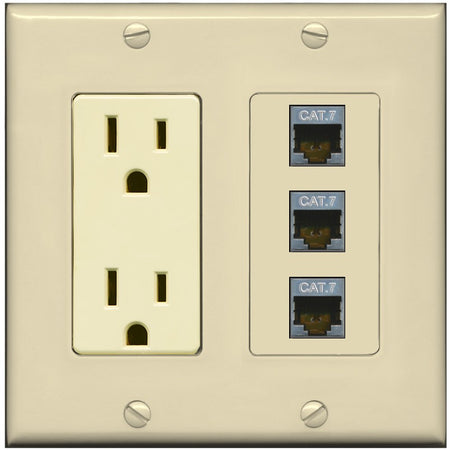 RiteAV 3 Port Cat7 Shielded Ethernet Wall Plate - Outlet [Ivory/Ivory]