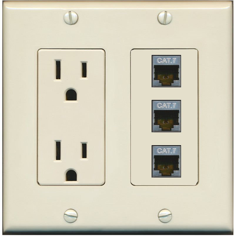 RiteAV 3 Port Cat7 Shielded Ethernet Wall Plate - Outlet [Light-Almond]