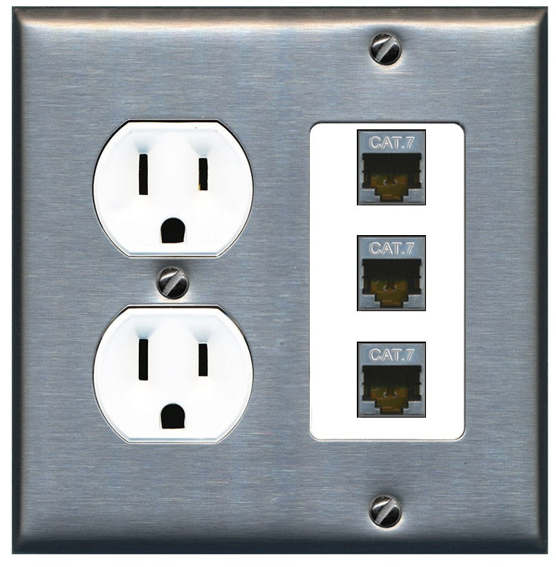 RiteAV 3 Port Cat7 Shielded Ethernet Wall Plate - Round Outlet [Stainless/White]