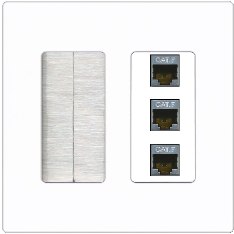 RiteAV 3 Port Cat7 Shielded Ethernet Wall Plate - Brush [Screwless White]