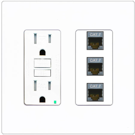 RiteAV 3 Port Cat7 Shielded Ethernet Wall Plate - GFCI Outlet [Screwless White]