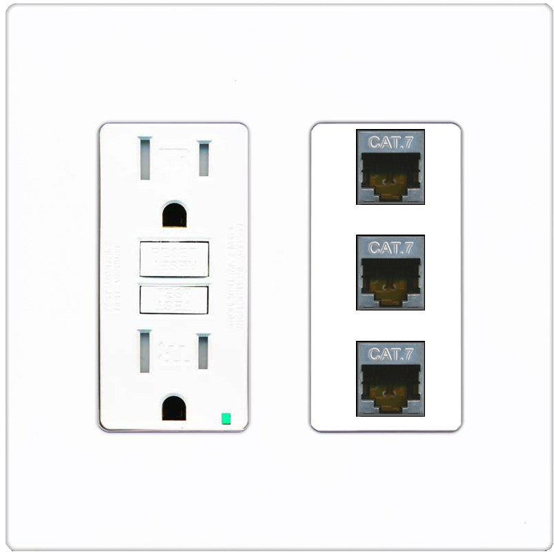 RiteAV 3 Port Cat7 Shielded Ethernet Wall Plate - GFCI Outlet [Screwless White]