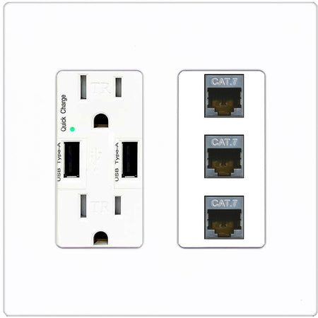 RiteAV 3 Port Cat7 Shielded Ethernet Wall Plate - USB Outlet [Screwless White]