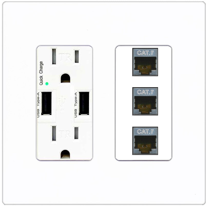 RiteAV 3 Port Cat7 Shielded Ethernet Wall Plate - USB Outlet [Screwless White]