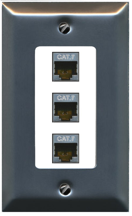 RiteAV 3 Port Cat7 Shielded Ethernet Wall Plate - 1 Gang Decorative [Stainless/White]
