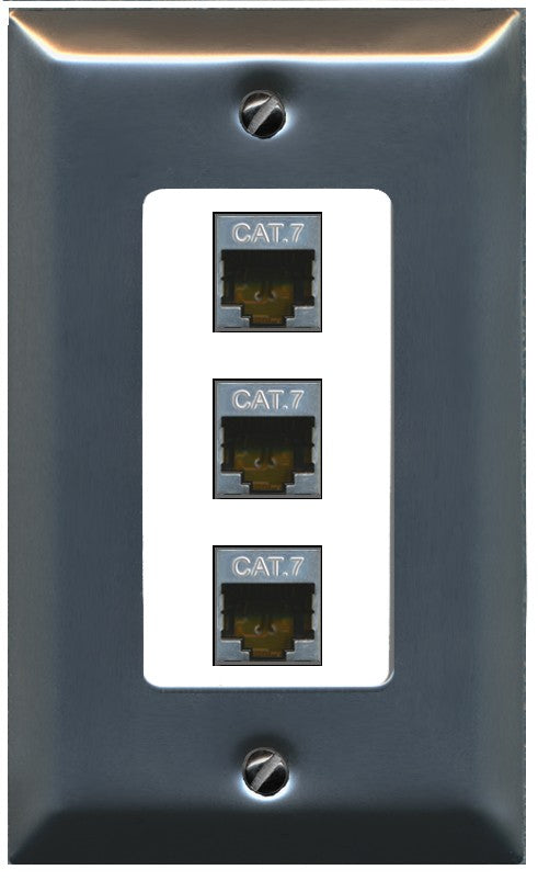 RiteAV 3 Port Cat7 Shielded Ethernet Wall Plate - 1 Gang Decorative [Stainless/White]