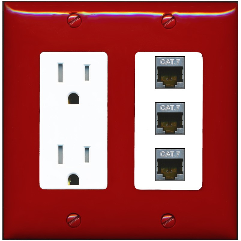 RiteAV 3 Port Cat7 Shielded Ethernet Wall Plate - Tamper-Resistant Outlet [Red/White]