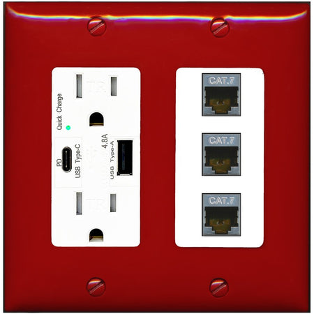RiteAV 3 Port Cat7 Shielded Ethernet Wall Plate - USB A+C Outlet [Red/White]
