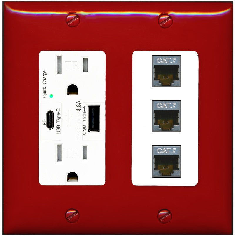 RiteAV 3 Port Cat7 Shielded Ethernet Wall Plate - USB A+C Outlet [Red/White]