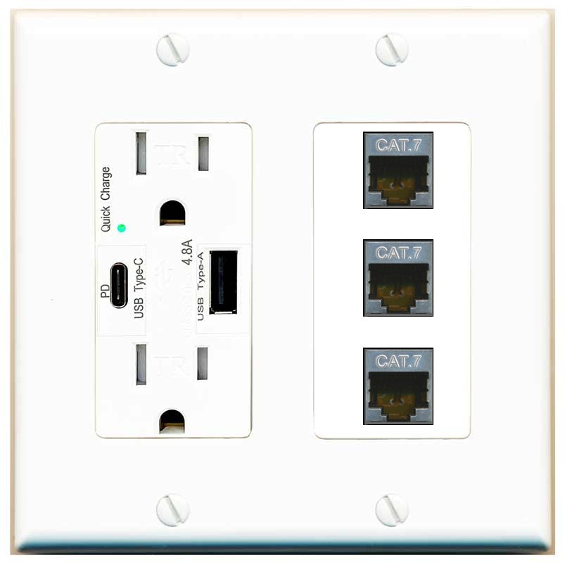 RiteAV 3 Port Cat7 Shielded Ethernet Wall Plate - USB A+C Outlet [White]