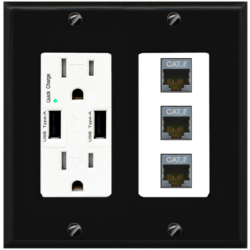 RiteAV 3 Port Cat7 Shielded Ethernet Wall Plate - USB Outlet [Black/White]