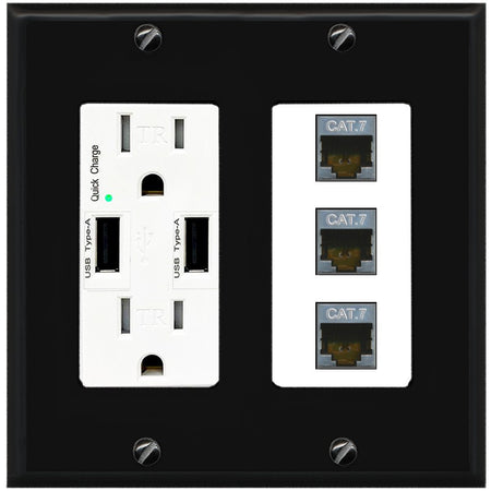 RiteAV 3 Port Cat7 Shielded Ethernet Wall Plate - USB Outlet [Black/White]