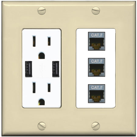 RiteAV 3 Port Cat7 Shielded Ethernet Wall Plate - USB Outlet [Ivory/White]
