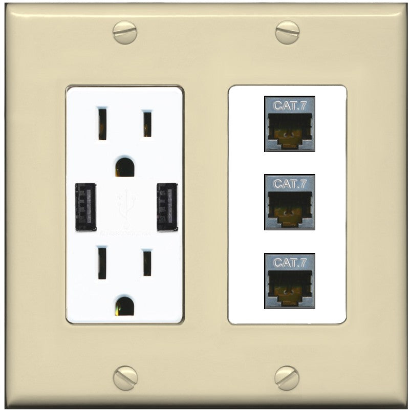 RiteAV 3 Port Cat7 Shielded Ethernet Wall Plate - USB Outlet [Ivory/White]