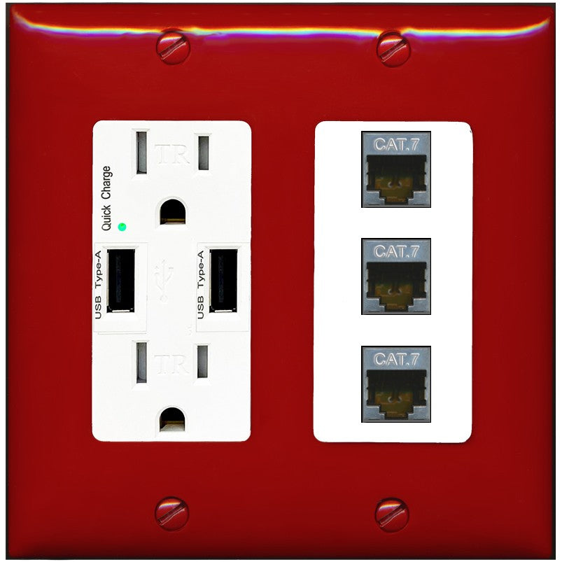 RiteAV 3 Port Cat7 Shielded Ethernet Wall Plate - USB Outlet [Red/White]
