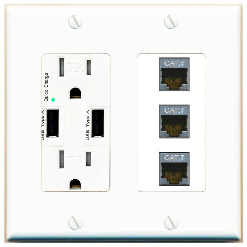 RiteAV 3 Port Cat7 Shielded Ethernet Wall Plate - USB Outlet [White]