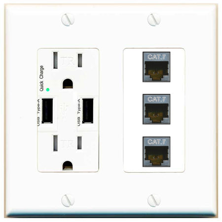 RiteAV 3 Port Cat7 Shielded Ethernet Wall Plate - USB Outlet [White]