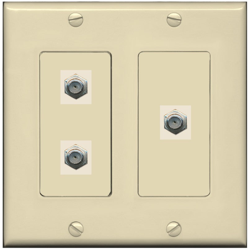 RiteAV - 3 Port Coax Cable TV- F-Type Wall Plate - 2 Gang [Ivory/Ivory]