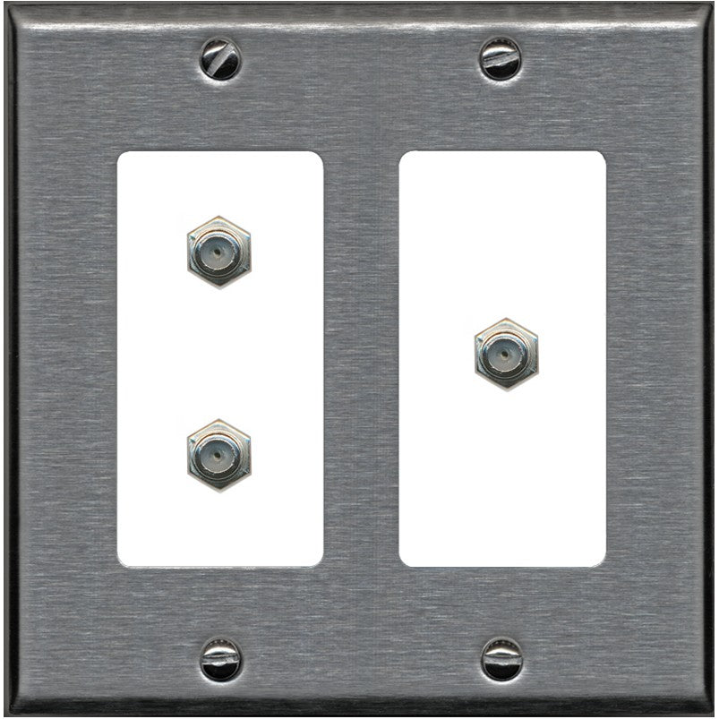 RiteAV - 3 Port Coax Cable TV- F-Type Wall Plate - 2 Gang [Stainless/White]