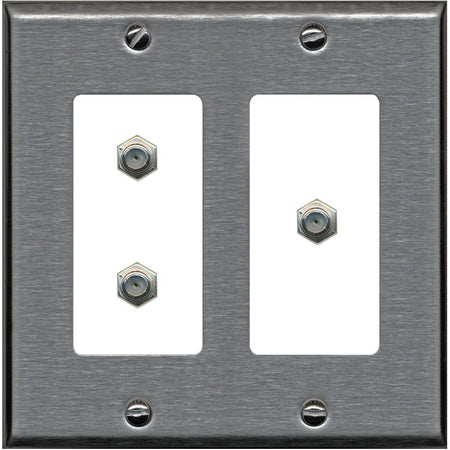 RiteAV - 3 Port Coax Cable TV- F-Type Wall Plate - 2 Gang [Stainless/White]