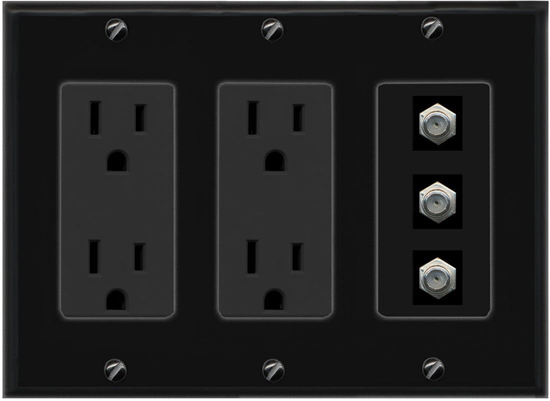 RiteAV - 3 Port Coax Cable TV- F-Type Wall Plate - 3 Gang 2 Outlet [Black/Black]