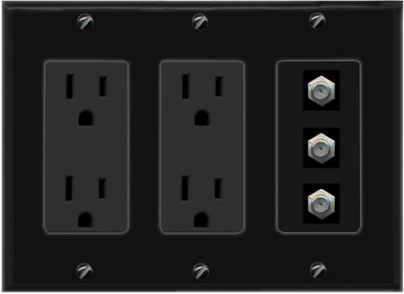RiteAV - 3 Port Coax Cable TV- F-Type Wall Plate - 3 Gang 2 Outlet [Black/Black]