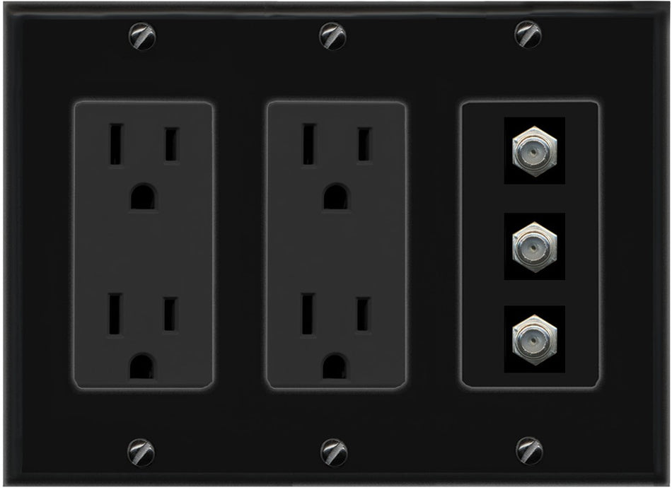 RiteAV - 3 Port Coax Cable TV- F-Type Wall Plate - 3 Gang 2 Outlet [Black/Black]