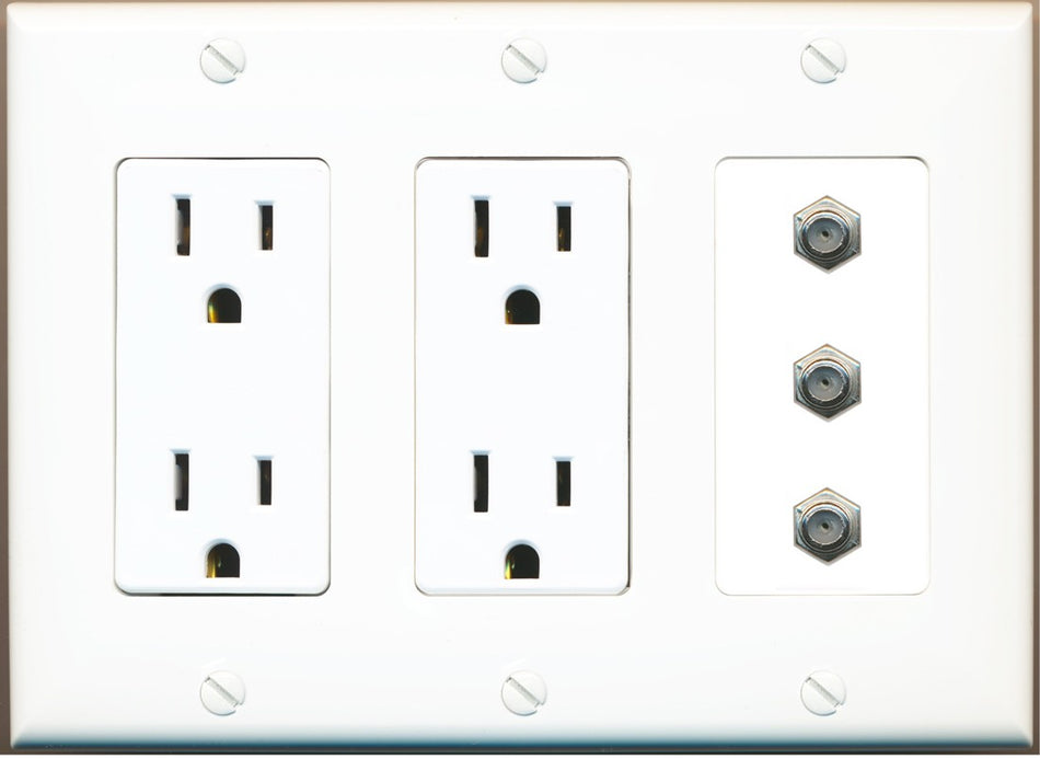 RiteAV - 3 Port Coax Cable TV- F-Type Wall Plate - 3 Gang 2 Outlet [White]