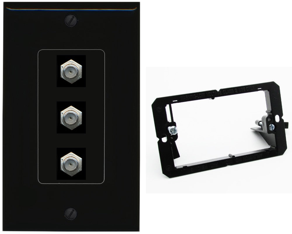 RiteAV - 3 Port Coax Cable TV- F-Type Wall Plate - Bracket [Black/Black]