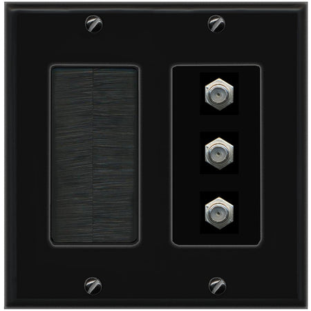 RiteAV - 3 Port Coax Cable TV- F-Type Wall Plate - Brush [Black/Black]
