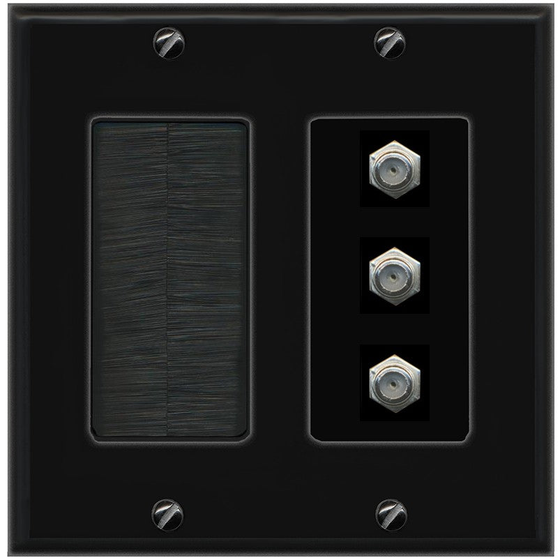 RiteAV - 3 Port Coax Cable TV- F-Type Wall Plate - Brush [Black/Black]