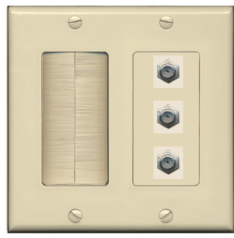 RiteAV - 3 Port Coax Cable TV- F-Type Wall Plate - Brush [Ivory/Ivory]