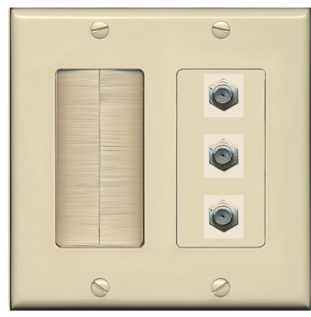 RiteAV - 3 Port Coax Cable TV- F-Type Wall Plate - Brush [Ivory/Ivory]