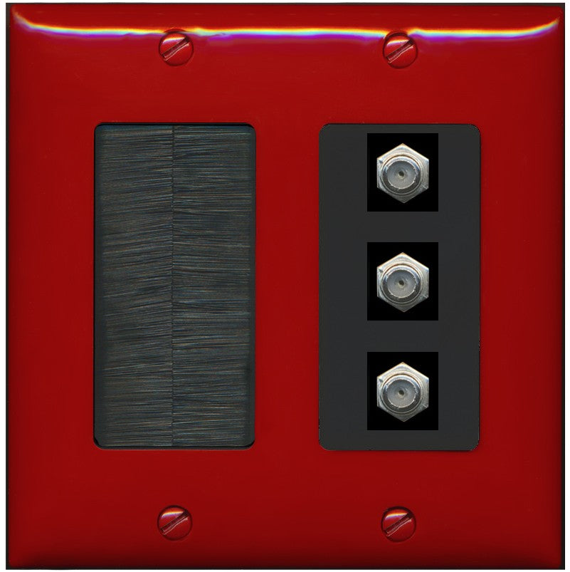 RiteAV - 3 Port Coax Cable TV- F-Type Wall Plate - Brush [Red/Black]