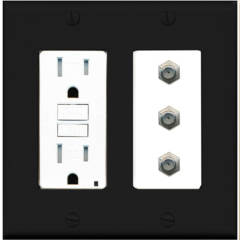RiteAV - 3 Port Coax Cable TV- F-Type Wall Plate - GFCI Outlet [Black/White]