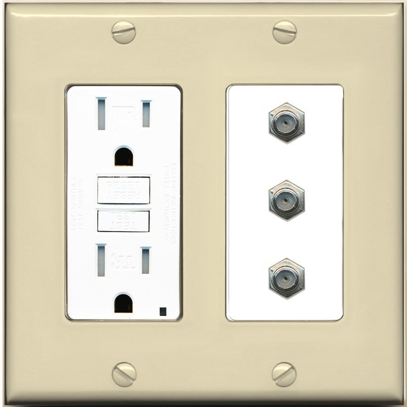 RiteAV - 3 Port Coax Cable TV- F-Type Wall Plate - GFCI Outlet [Ivory/White]