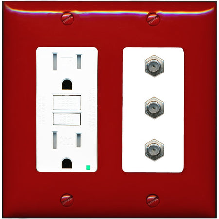 RiteAV - 3 Port Coax Cable TV- F-Type Wall Plate - GFCI Outlet [Red/White]