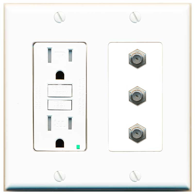 RiteAV - 3 Port Coax Cable TV- F-Type Wall Plate - GFCI Outlet [White]