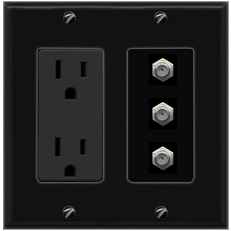 RiteAV - 3 Port Coax Cable TV- F-Type Wall Plate - Outlet [Black/Black]