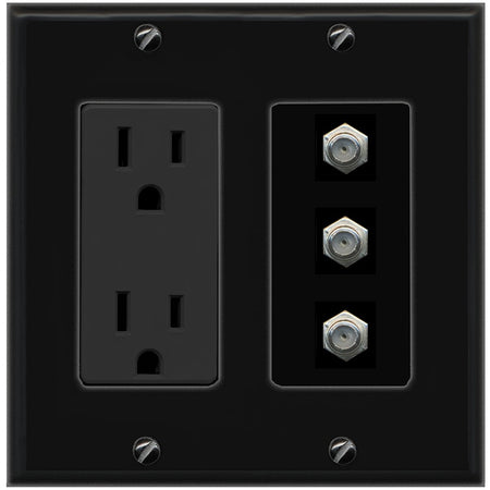 RiteAV - 3 Port Coax Cable TV- F-Type Wall Plate - Outlet [Black/Black]