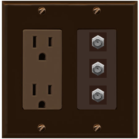 RiteAV - 3 Port Coax Cable TV- F-Type Wall Plate - Outlet [Brown/Brown]